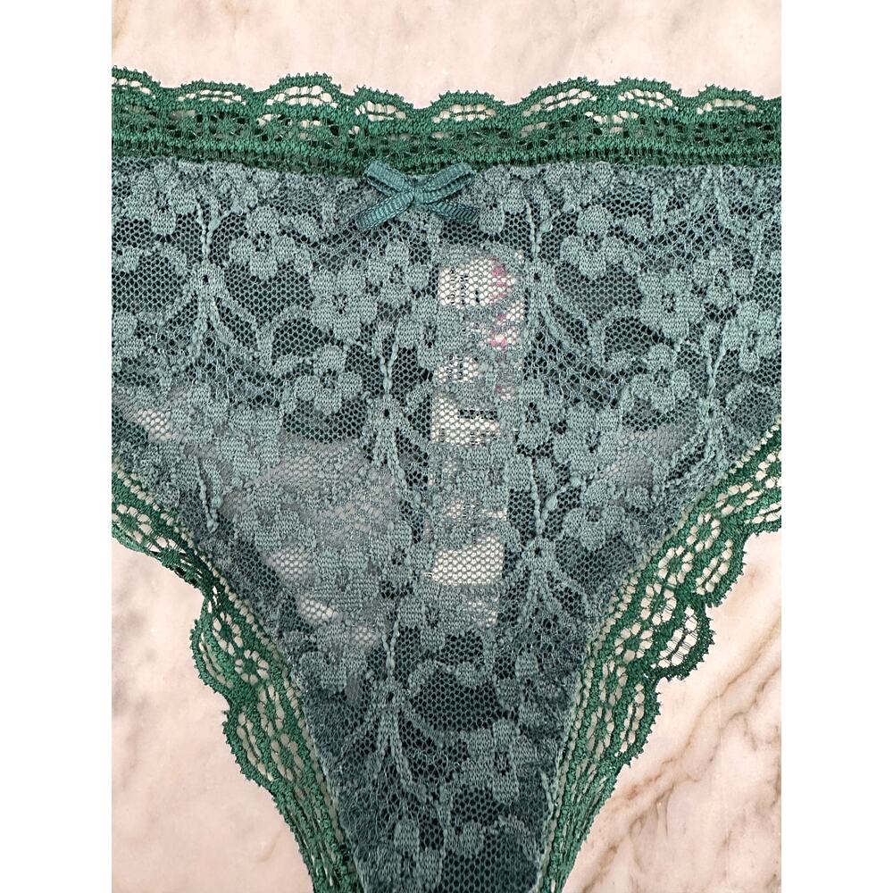 FREE PEOPLE INTIMATELY Dark Emerald Green Floral Lace Bow Thong Underwear XS - Picture 2 of 5